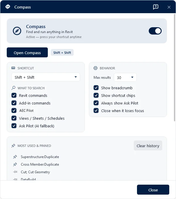 Compass — Una paleta de comandos para Revit: encuentre y ejecute cualquier cosa en segundos.