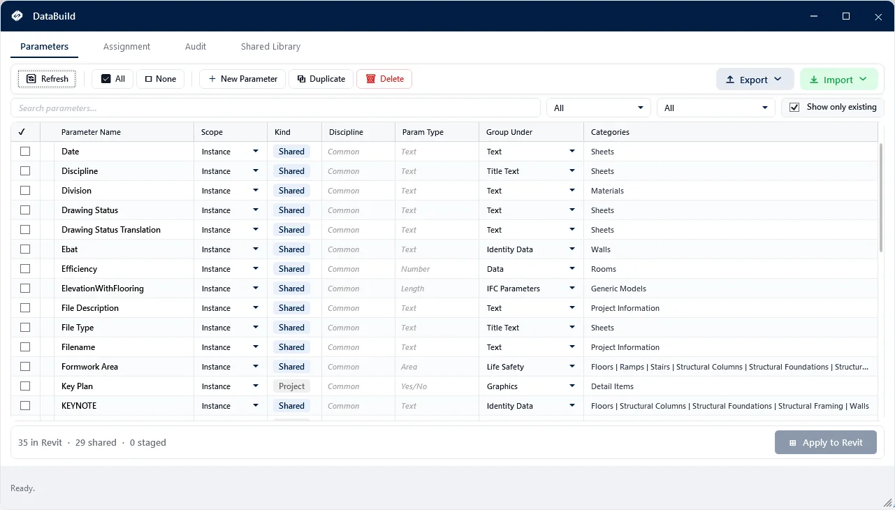 DataBuild — Create, edit, and bind parameters in one place.