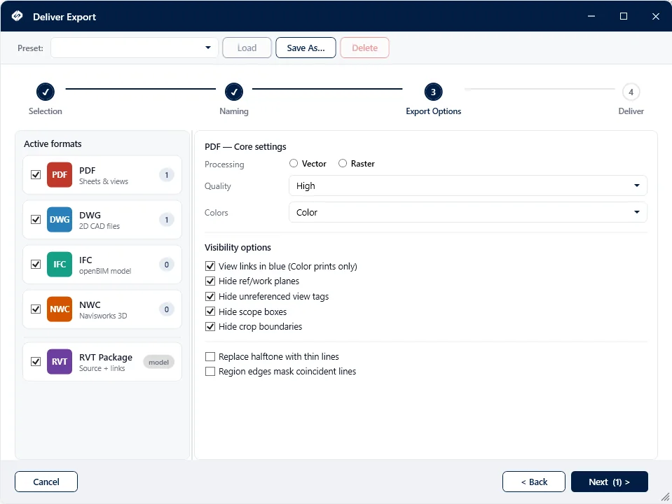 Deliver — Stapelexport nach PDF, DWG, IFC und NWC.
