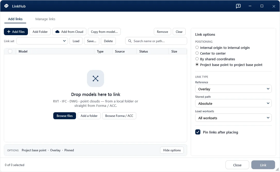 LinkHub — Liez par lots Revit, IFC, CAO & nuages de points — en local et dans le cloud, en une passe.
