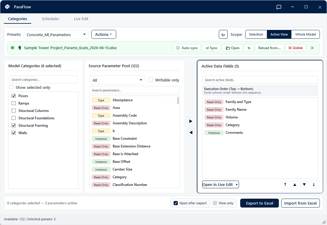 ParaFlow — Synchronisation bidirectionnelle des paramètres entre Revit et Excel.