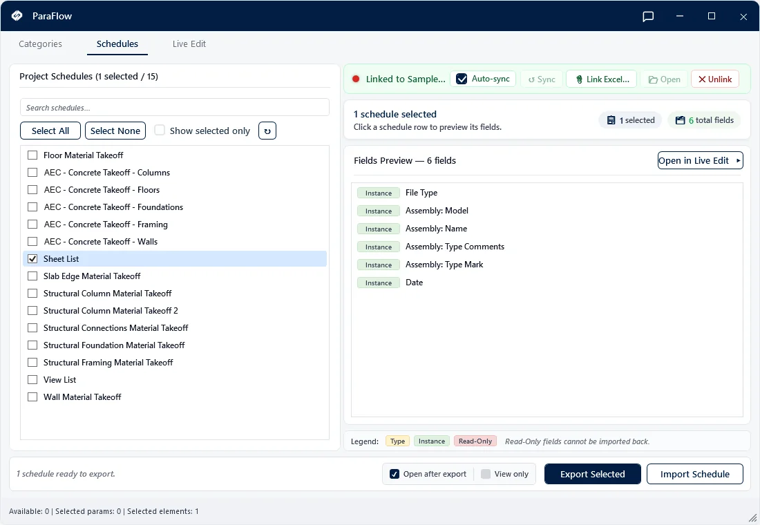 ParaFlow — Synchronisation bidirectionnelle des paramètres entre Revit et Excel.