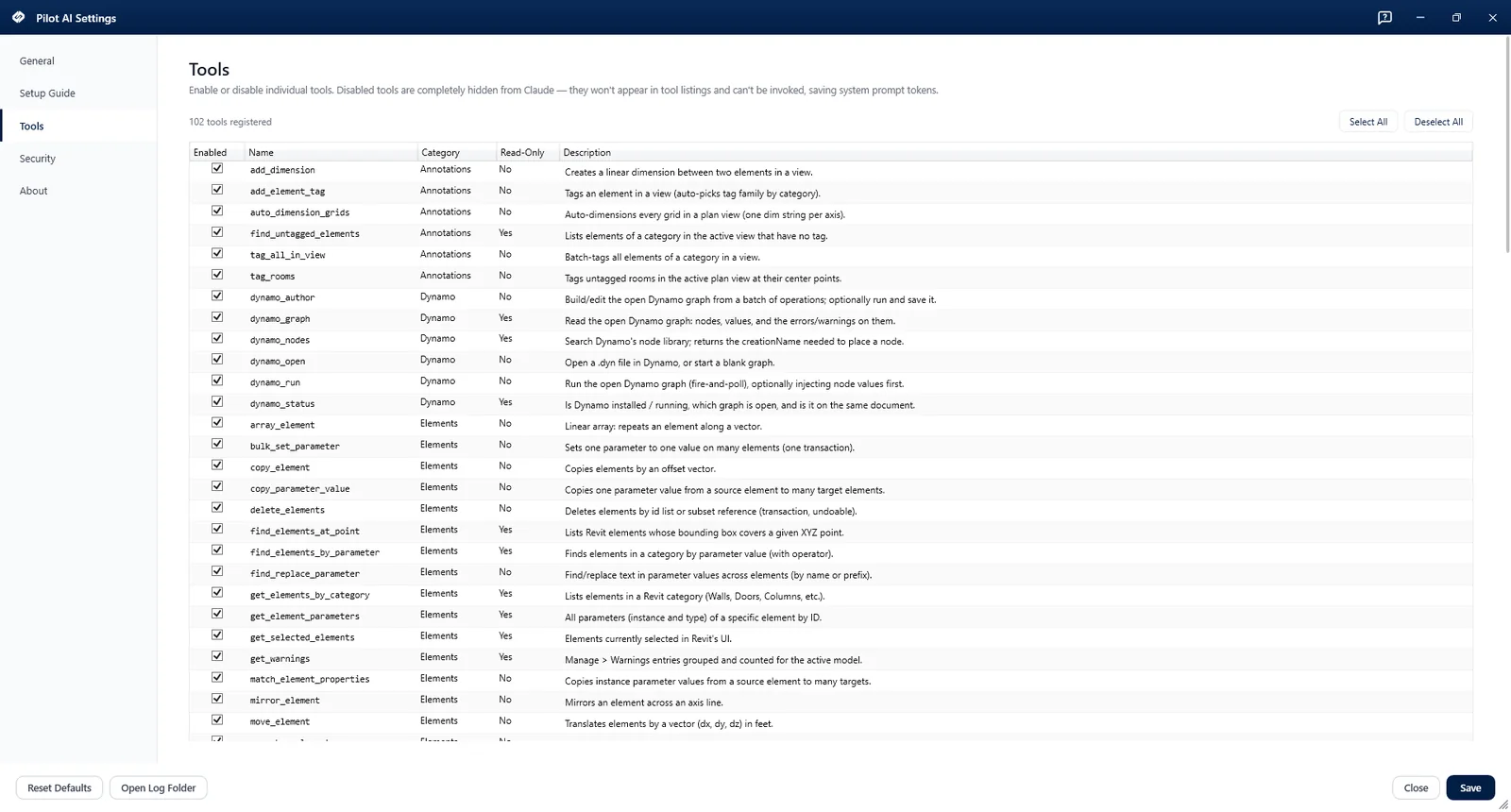 Revit'te Settings penceresinin Tools sekmesi; 112 aracın tümünü etkinleştirme kutusu, kategori ve salt-okunur sütunuyla listeliyor.