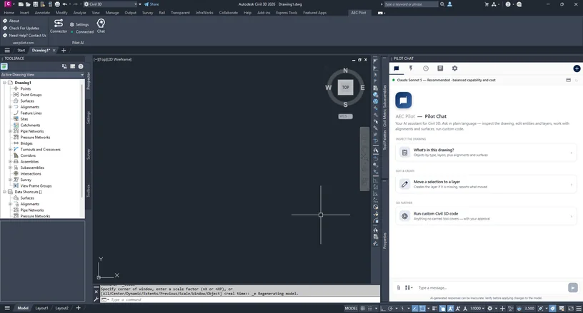 Pilot AI for AutoCAD & Civil 3D — Pilot AI inside AutoCAD & Civil 3D — in-app chat or over MCP.