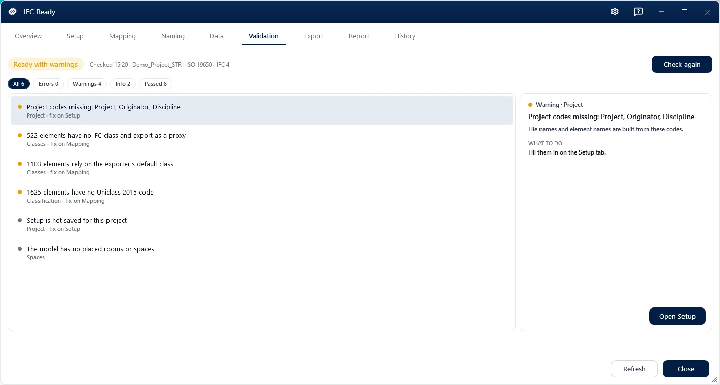 IFC Ready's Validation tab in Revit: elements exported as proxies, classes left to the exporter's default and missing Uniclass codes, each with where to fix it