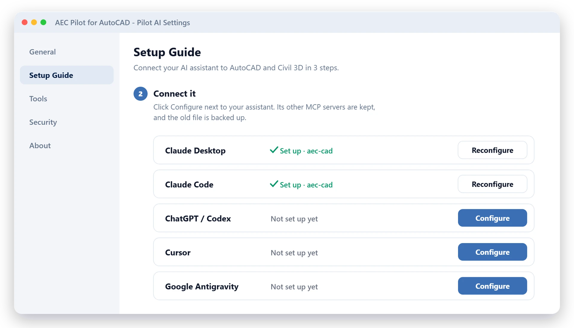 Le Setup Guide d'AEC Pilot for AutoCAD : Configure à côté de chaque assistant IA