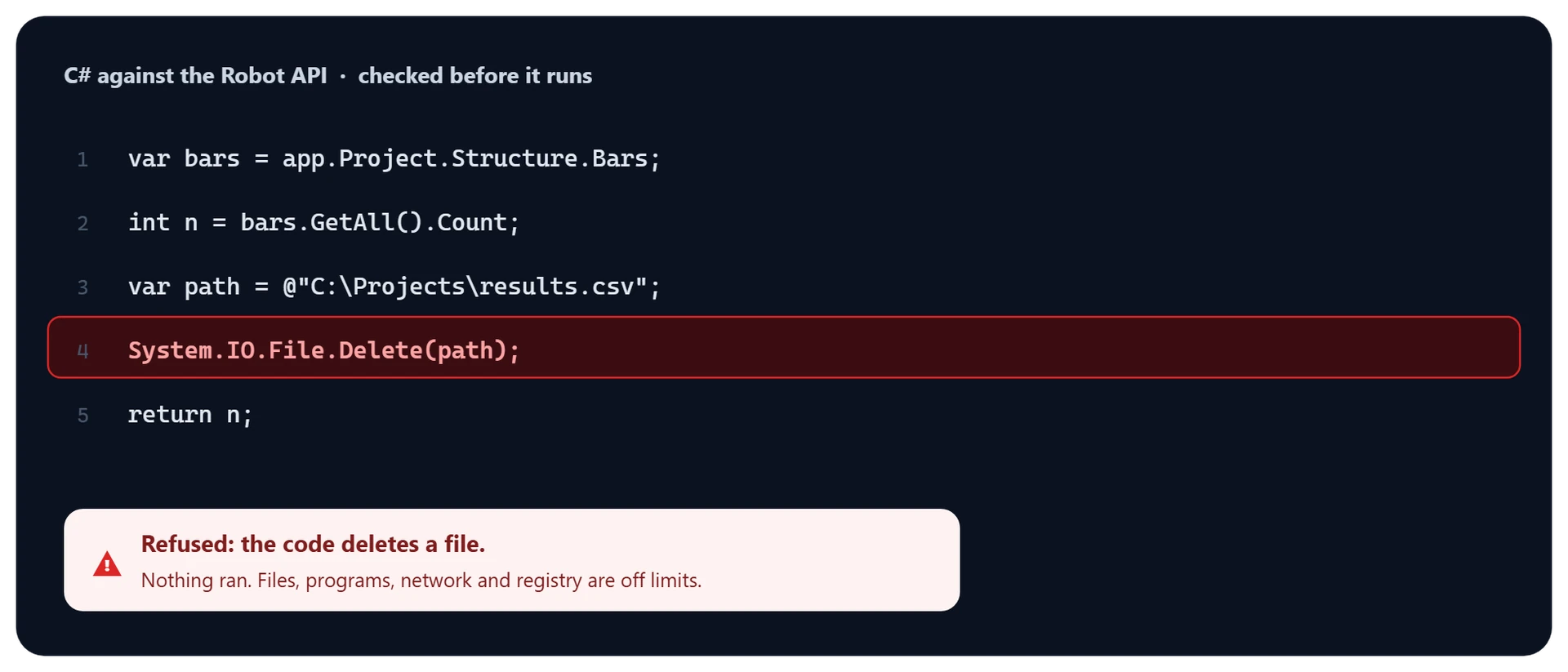 C# for the Robot API refused before it runs because it deletes a file