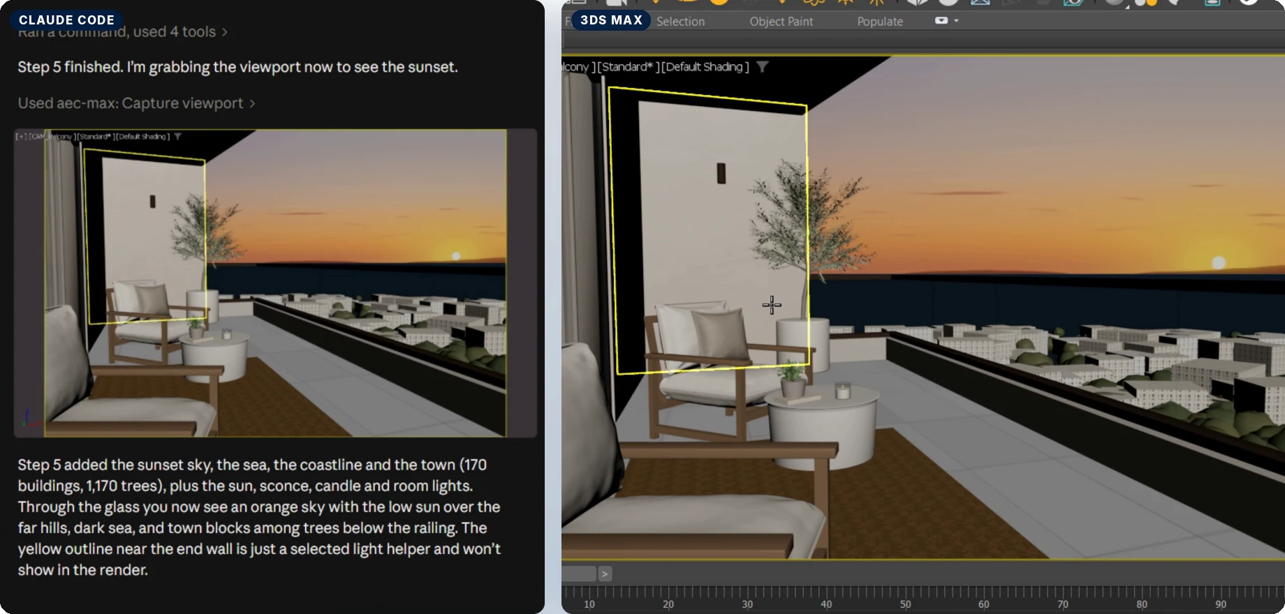 Claude Code et 3ds Max côte à côte : l'assistant a capturé la fenêtre pour vérifier la scène de coucher de soleil qu'il vient de construire