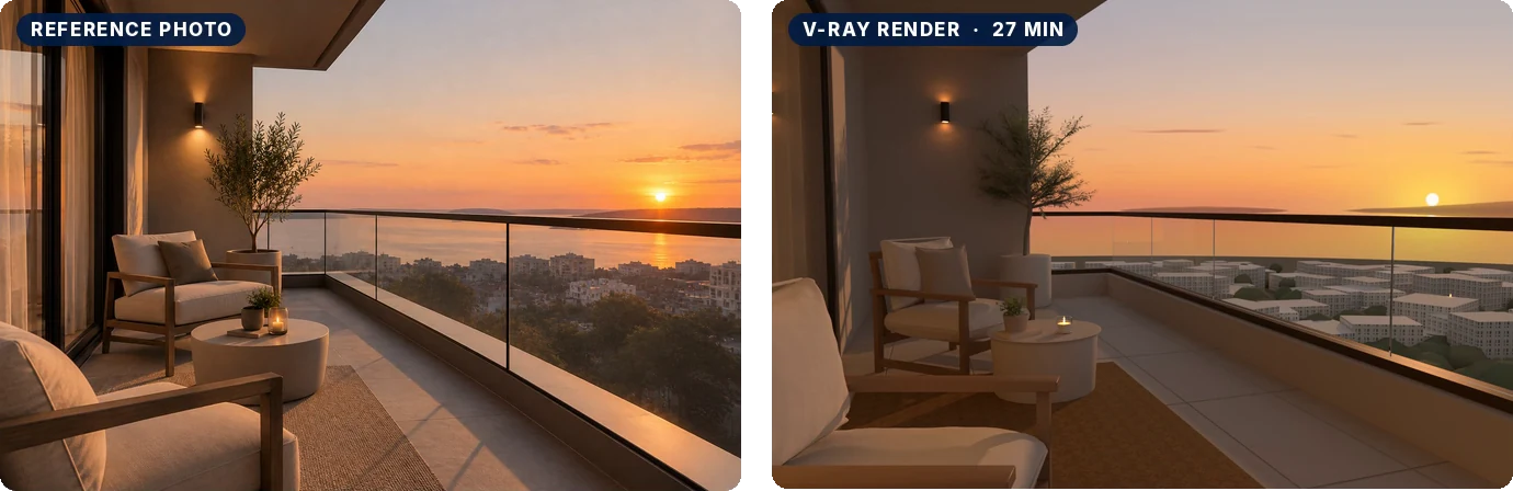 La photo de référence à côté du rendu V-Ray que l'assistant en a tiré dans 3ds Max