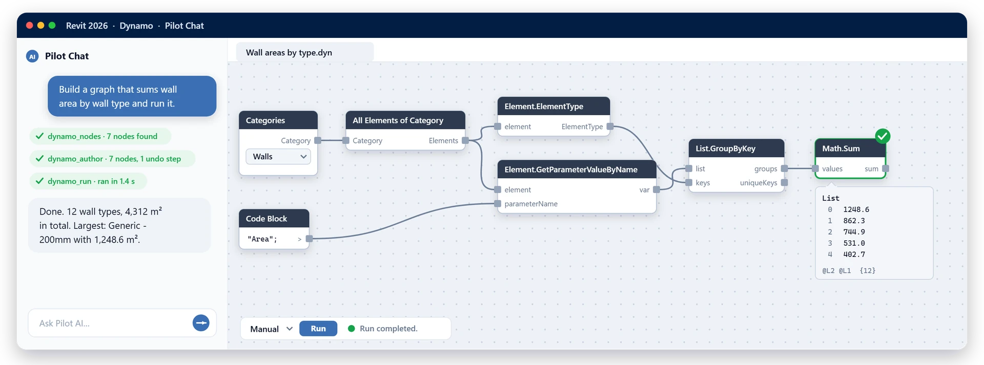 Pilot Chat in Revit builds and runs a Dynamo graph that sums wall area by wall type
