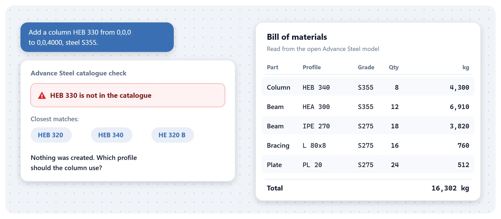 Advance Steel: a profile that is not in the catalogue is refused with the closest matches, next to the bill of materials